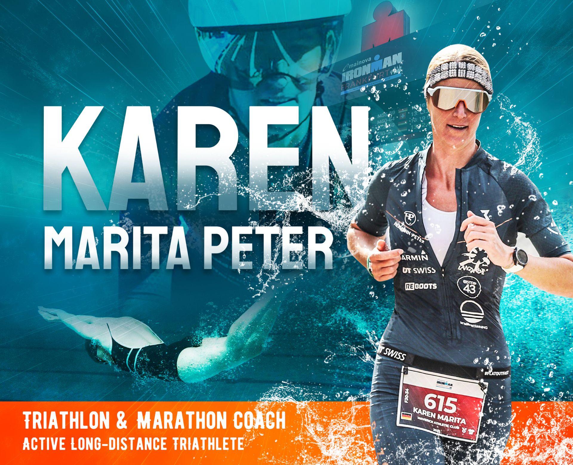 Triathlete running with race gear, wearing sunglasses; background features swimming and Ironman logo.
